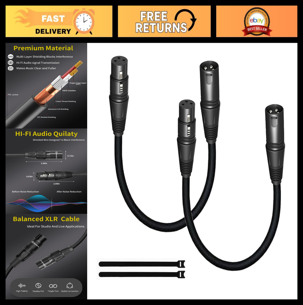 XLR Microphone Cables 1.6FT 2-Pack, Male to Female Balanced, OFC Shielded Mic Co