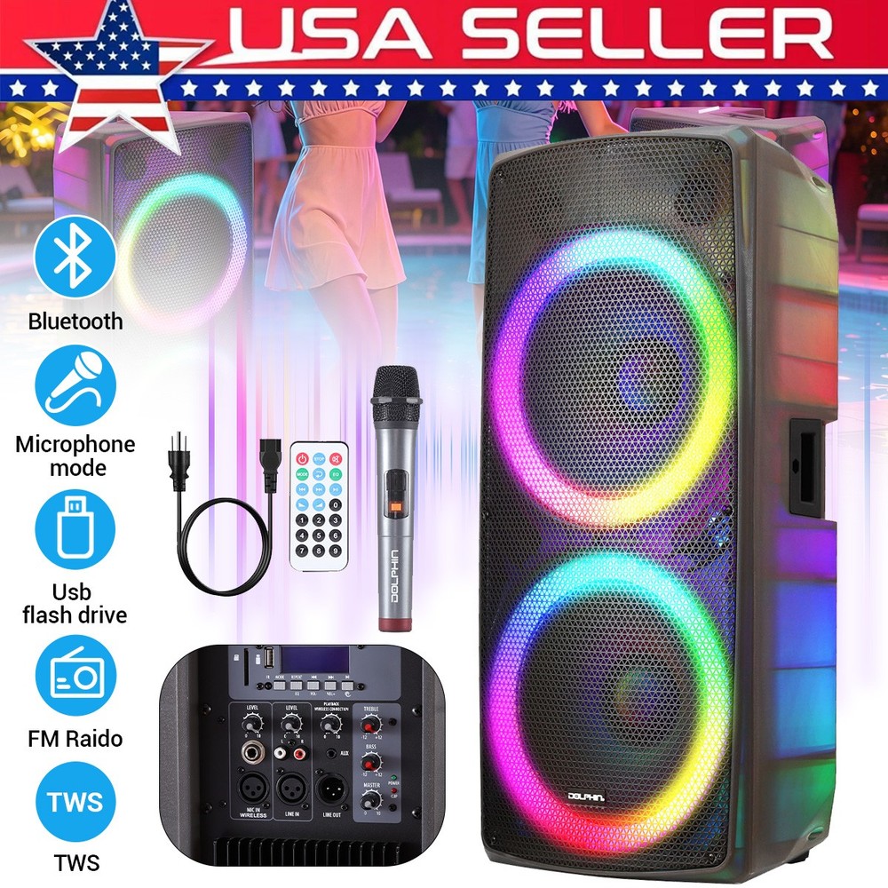 Dual 15″ LED Party Bluetooth Speaker with Wireless Mic, FM & Wavesync for party