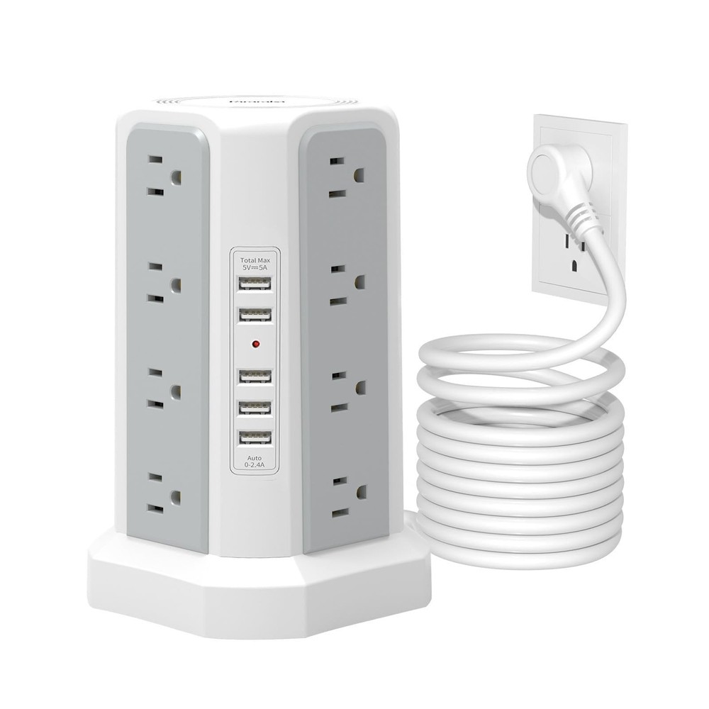 Surge Protector Power Strip Tower with USB Ports, Fararaka 10 FT Extension Co…