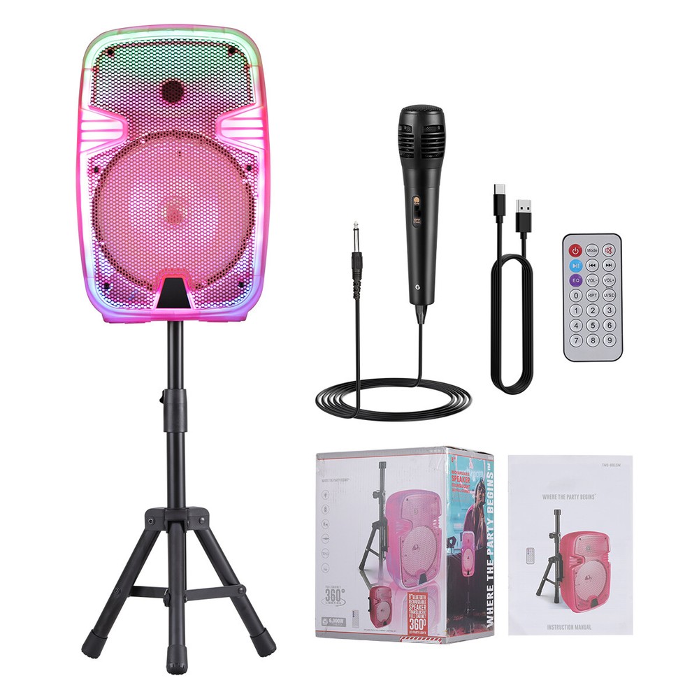 8 inch Portable Bluetooth Speaker Karaoke Party Boombox TWS/AUX + Mic & Stand
