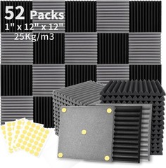 Focusound 52 Pack Black GreyAcoustic Foam Panels 1 x 12 x 12 Sound Proof Foam