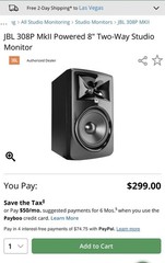 JBL 308 MkII 8″ Powered Studio Monitor Speaker, Wired, Black, Active (Pair)