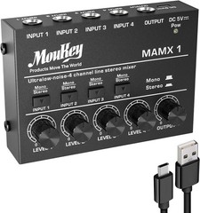 DC 5V Powered Mini Mixer – 4-Channel Low Noise Mixer for Guitars & Keyboards
