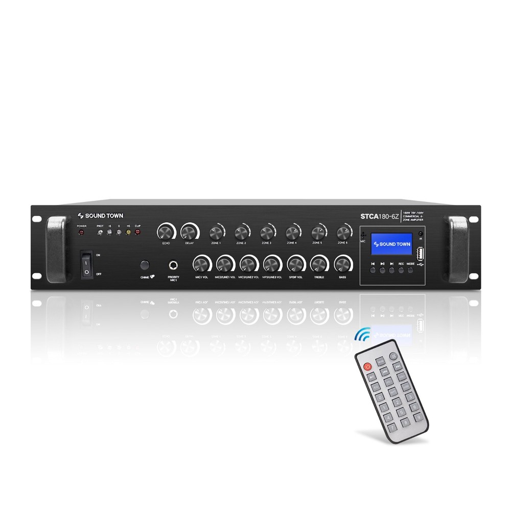 Sound Town 180 W 6-Zone 70V/100V Commercial Power Amp with Bluetooth STCA180-6Z