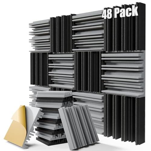 48 Pack Sound Proof Foam Panels,12″ X 12″ X 2″ Self 2 Inch 48 Pack Black+gray
