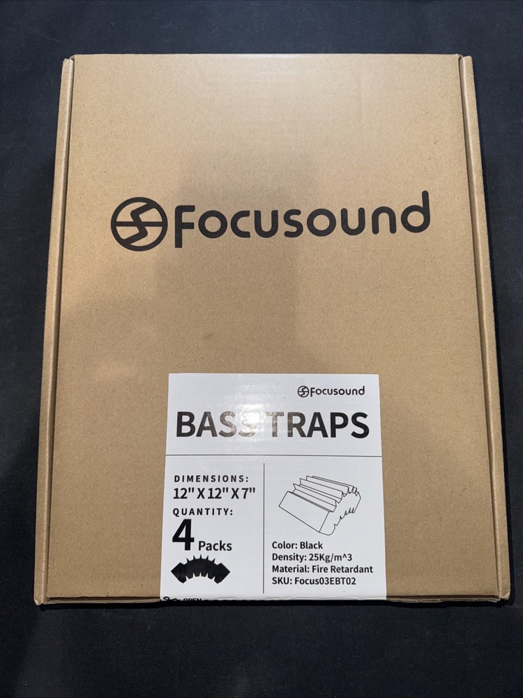 Focusound Bass Traps 12x12x7 in Fire Retardant Foam Black 4 Pack