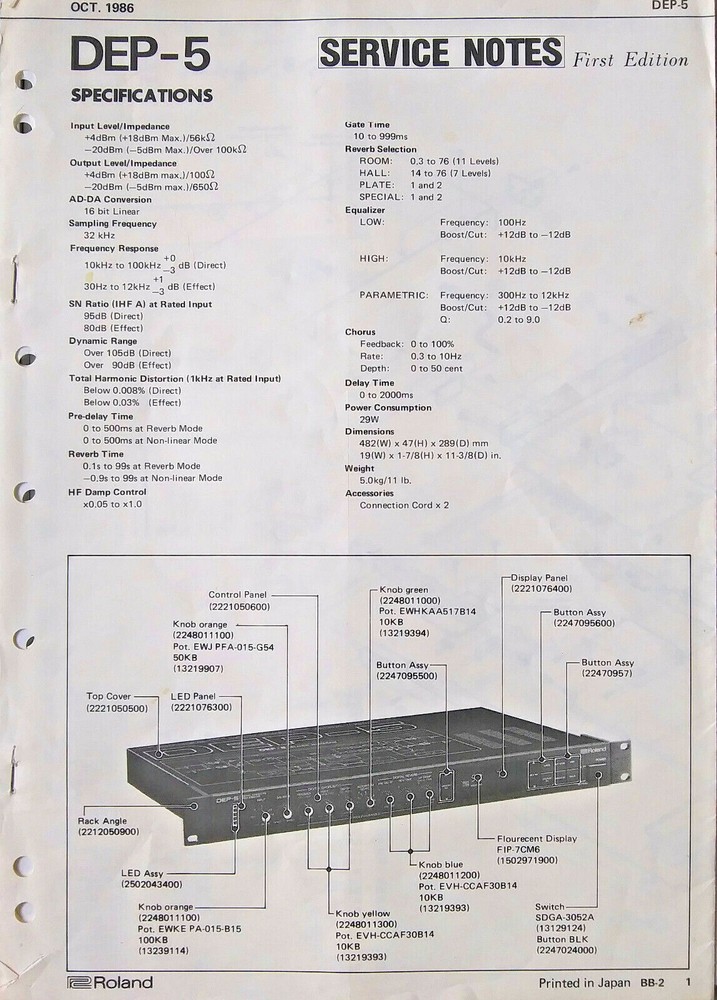 Roland DEP-5 Digital Delay Rack Unit Original Service Manual Book, Japan 1986.