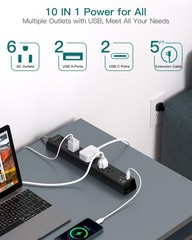Surge Protector Power Strip – Extension Cord with 6 AC Outlets 4 USB (2 USB-C…