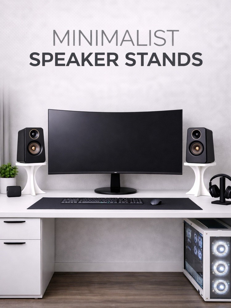 Minimalist White Desktop Speaker Stands Set, 1 Tier Stand Design