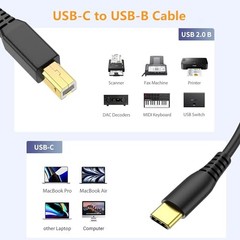 ULIFTUS USB-B to USB-C Printer Cable, 6.6FT Gold-Plated USB 6.6 Feet 1 Black