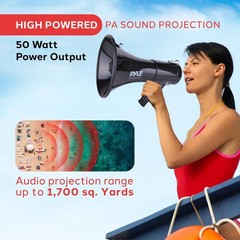 PYLE 50W Megaphone Speaker PA Bullhorn 9.50 x x 14.00″, Black Aux Input