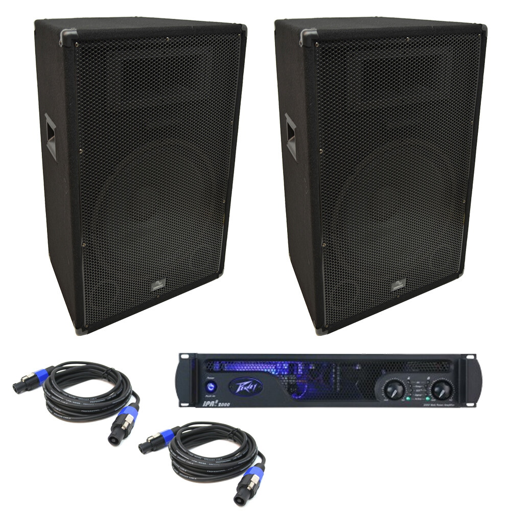 (2) Harmony Audio HA-V15P DJ 15″ 900W PA Speaker Peavey IPR2 2000 Amp & Cables