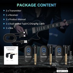 A14 Wireless Guitar System, 2.4GHz Rechargeable Transmitter Receiver, 24-bit …