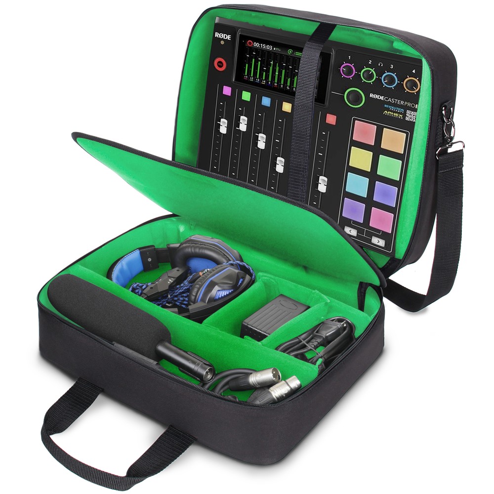 USA GEAR RODECaster Pro Case – Hold Podcaster, Mixer, Microphones, More (Green)