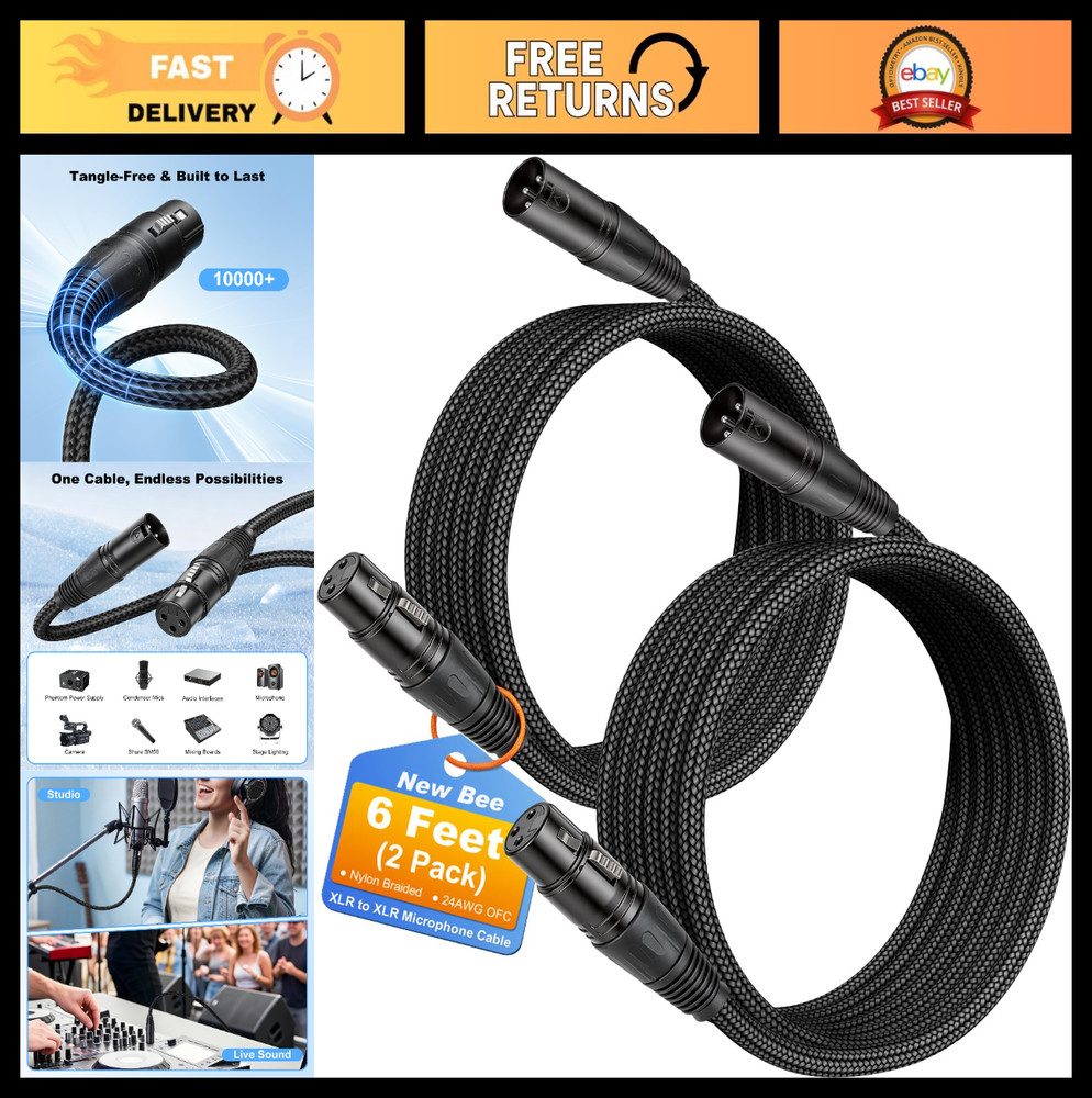 6ft XLR Cable 2-Pack, Nylon Braided Male to Female Mic Cable for Studio & Live S