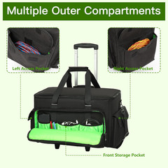 Large Rolling DJ Cable Bag, Green Padded Gig Bag with Detachable Trolley & Divid