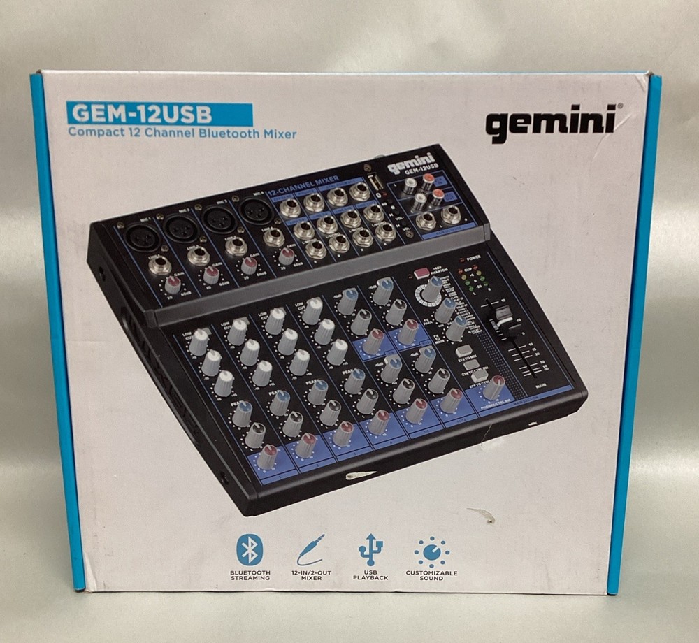 Gemini GEM-12USB 12 Channel Bluetooth Mixer w/USB 12 Ins/2 Bus/3 Band EQ,Effects