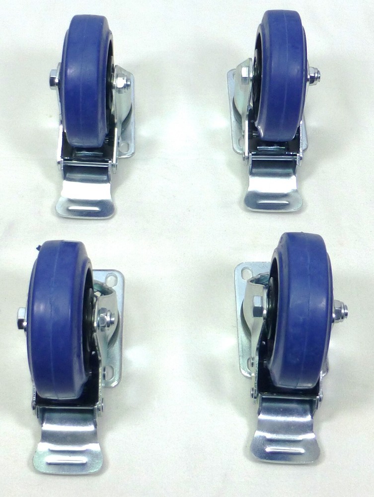 Set Of Four 4″ Heavy Duty Swivel Casters w/4″ Blue Rubber Wheels & Locking Brake