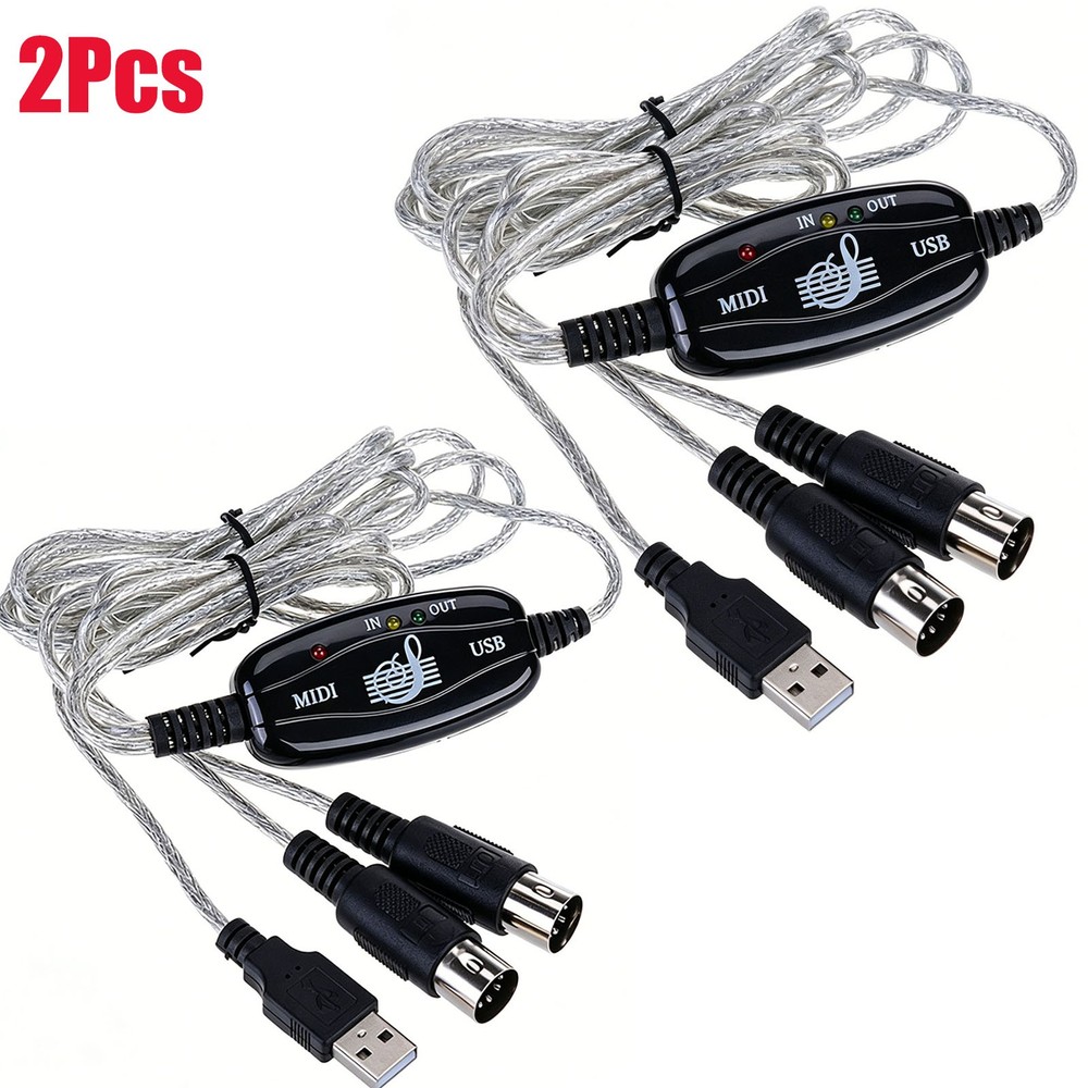 2pcs USB IN-OUT For MIDI Cable Converter 5-Pin to PC Music Keyboard Adapter Cord