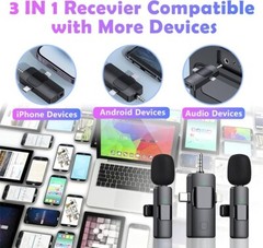Microphone Wireless Lavalier Cordless For iPhone iPad Android, 8 Hours 3 in 1