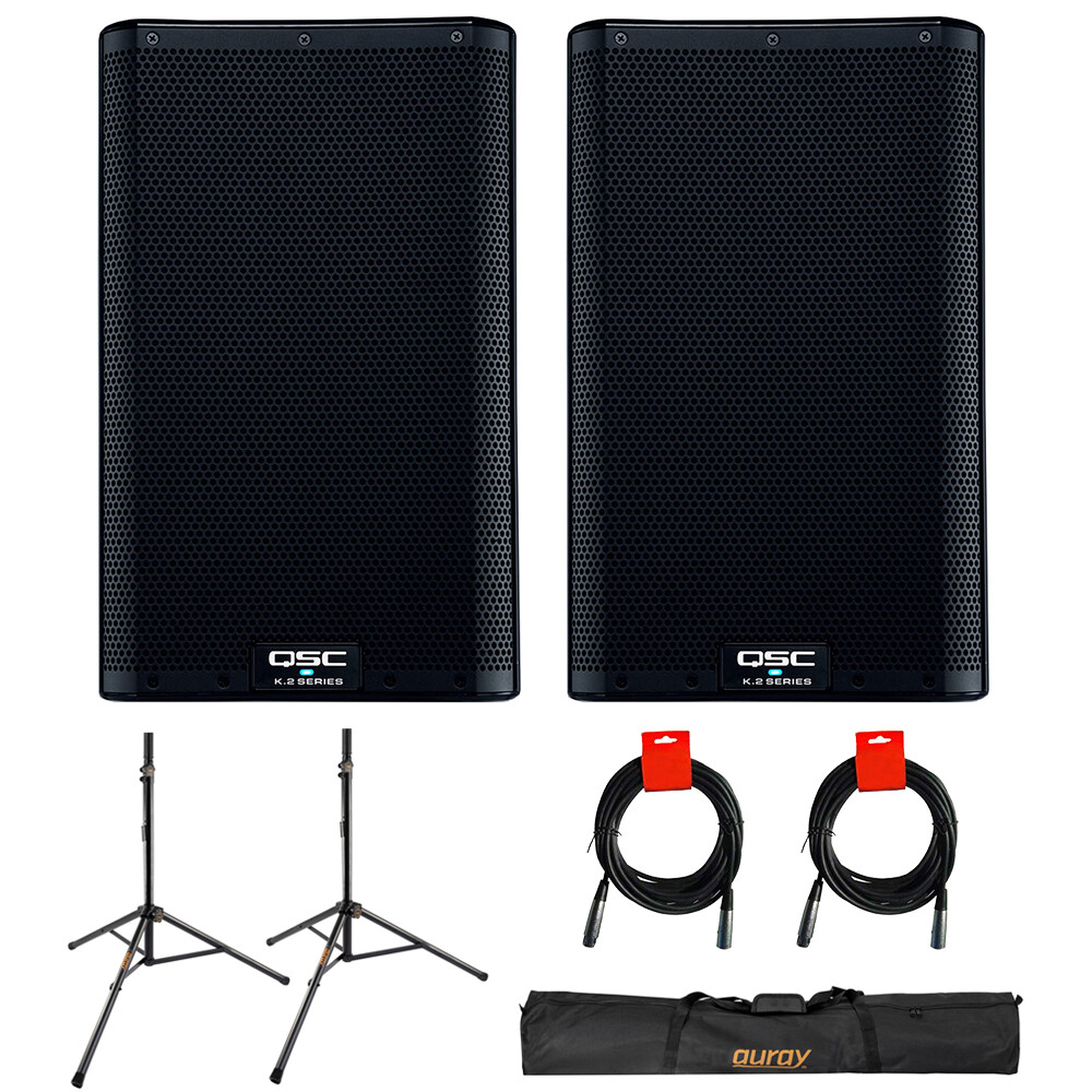 QSC K8.2 Active 8″ PA System (Pair) w/ Speaker Stand with Case & 2x XLR Cable