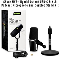 Shure MV7+ Hybrid Output USB-C and XLR Podcast Microphone Kit and Stand – Black