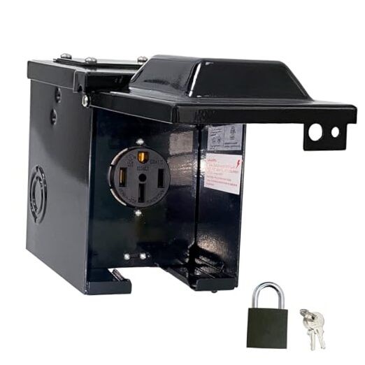 RV/EV 50 Amp 125/250 Volt Power Outlet Box, Waterproof Lockable Black 50Amp