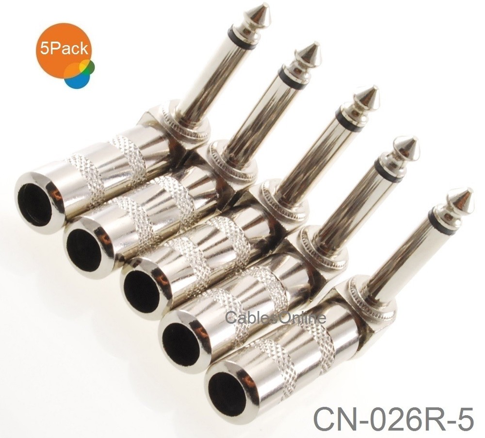 5-Pack, 1/4″ Mono TS 6.35mm Right Angle Solder-Type Phono Male Audio Connector