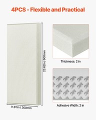 VEVOR 4 PCS Acoustic Wall Panels 2 in Thick 23.6 x 11.8 in Self-adhesive Beige