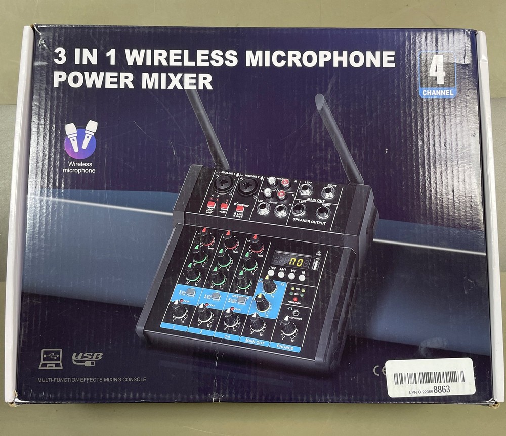 Aveek 150W x2 Powered Amplifier Audio Mixer,4 Channel with Dual Wireless Mic Sou