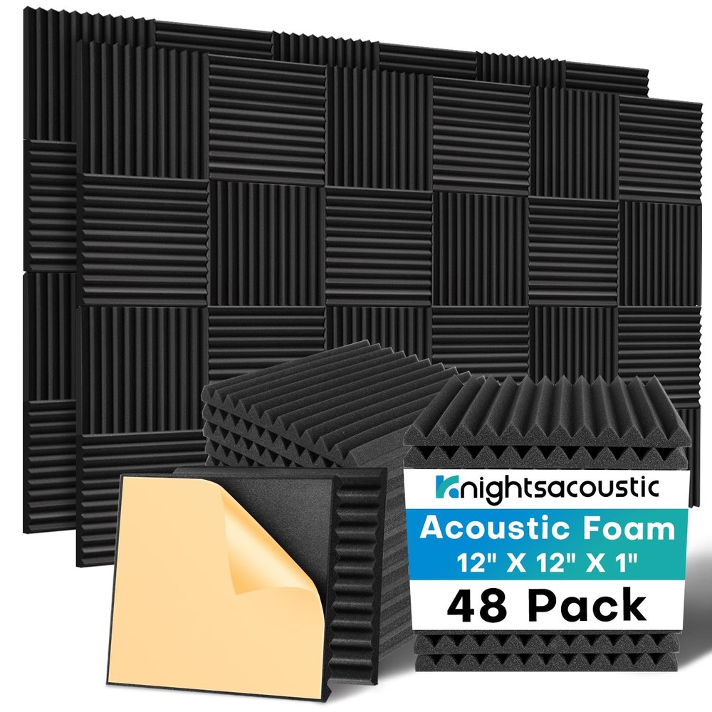Knightsacoustic 48 Pack 12x12x1in Black Sound Proof Foam Panels Self Adhesive