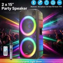 Dual 15″ Bluetooth Speaker Bass Sound System w/ Mic Remote USB/AUX for Party DJ