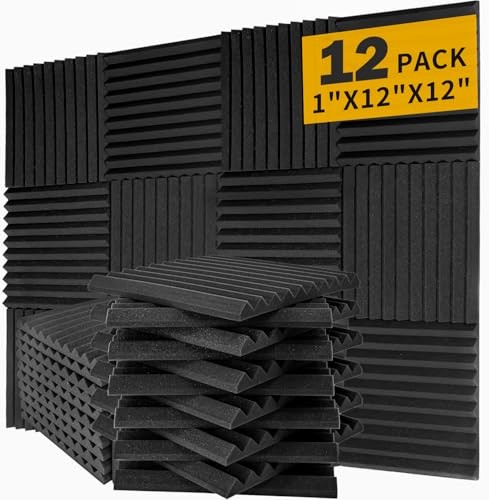12 Pack Acoustic Foam Panels 1″ x 12″x 12″ Soundproof 12 Pack Black(1″Wedges)