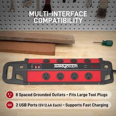 Metal Workshop Surge Protector Power Strip with 2 USB Ports – 8 Spaced Outlet…