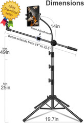 Mic Stand, Microphone Stand Floor Boom Mic Stand with Tablet Phone Holder Height