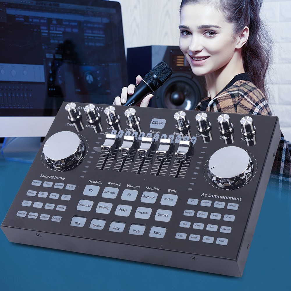 Bluetooth Live Sound Card Voice Changer, Audio DJ Mixer w/ Multiple Sound Effect