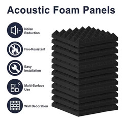 12 In. X 12 In. X 3 In. Black Pyramid-Shaped Foam Acoustic Panels, 12-Pack