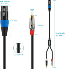 JOLGOO Unbalanced XLR Female to Dual RCA Y Splitter Breakout Cable, 1 XLR Female