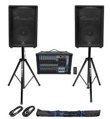 (2) JBL Pro JRX212 12″ 2000w PA/DJ Speakers+Powered 12-Channel Mixer+Stands