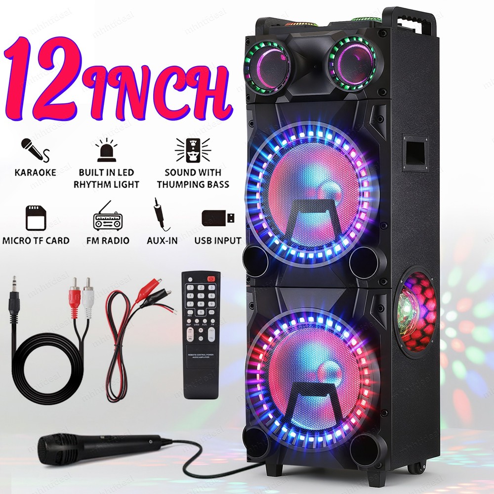Bluetooth Portable Party Speaker Wireless Dual 12″ Subwoofer Deep Bass AUX LED