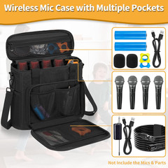 4 Slots Wireless Microphone Case with Foam, Microphone Carry Travel Bag with Sho