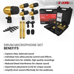 5 Core Drum Microphone Kit 7Pc All Metal Drummer Mics Tom/Snare & Cymbals Wired