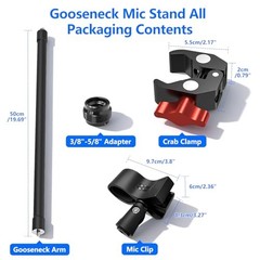Gooseneck Microphone Stand, 19.69″ Adjustable Mic Clip with 3/8″ to 5/8″