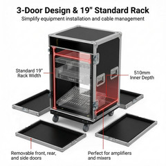 Mobile 3-Door Non-Shockproof Audio Rack Case w Mixer Stand 16U Rolling Cabinet
