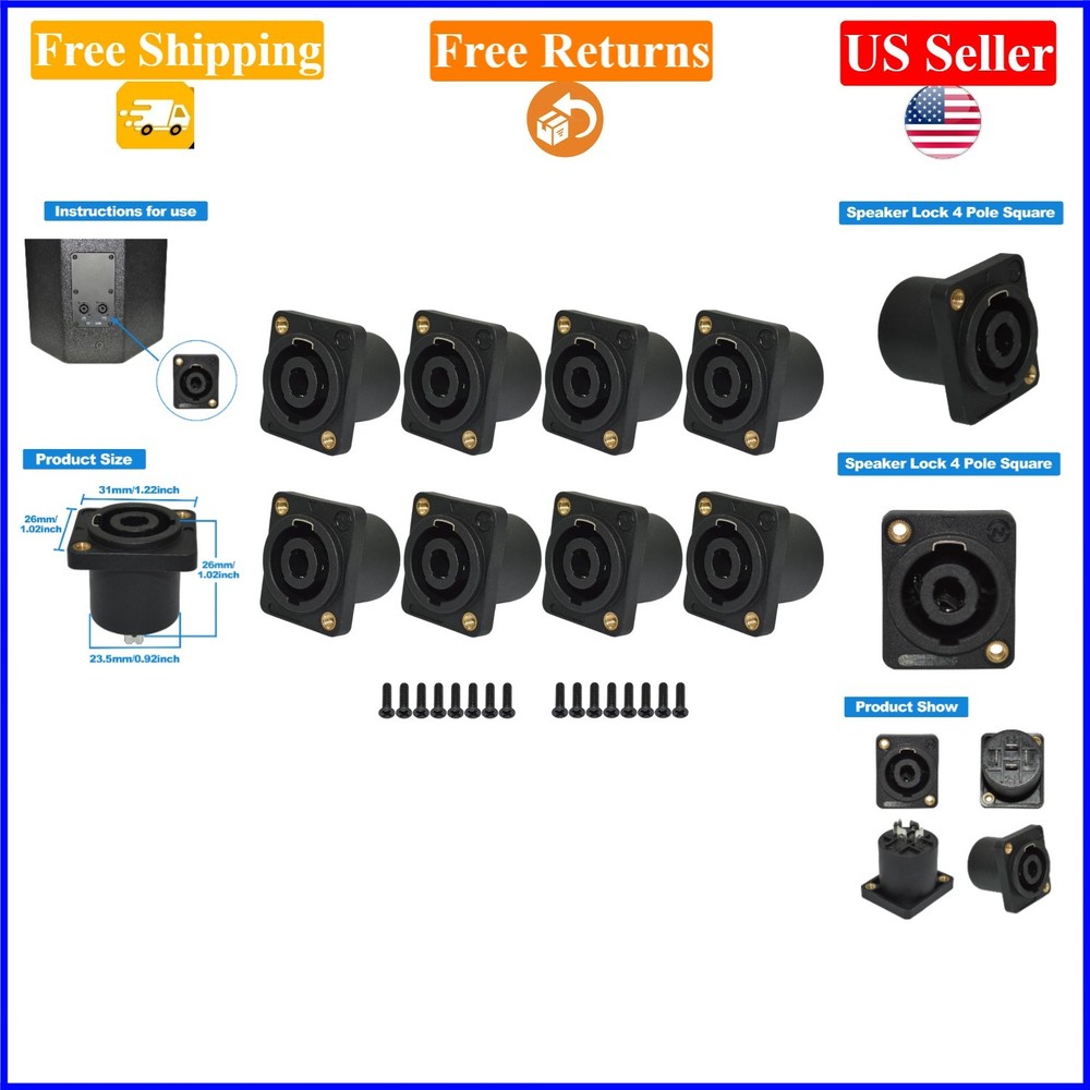 8 Pack Black 4-Pin Speakon Connector Jack for Speaker Cables
