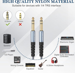 1/4 Inch TRS Instrument Cable 3.3 FT 2-Pack, Quarter Inch Audio Cable, 6.35 Bala
