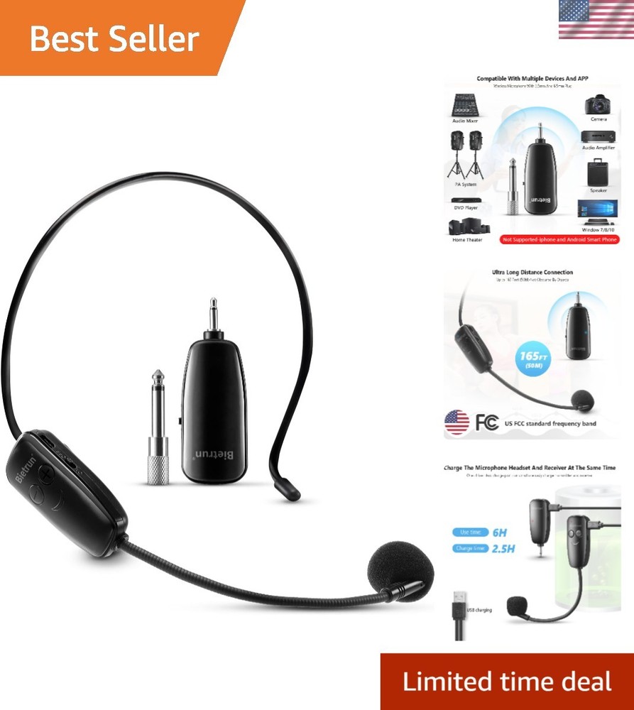 UHF Wireless Microphone Headset System – 160ft Range for Clear Audio Performance