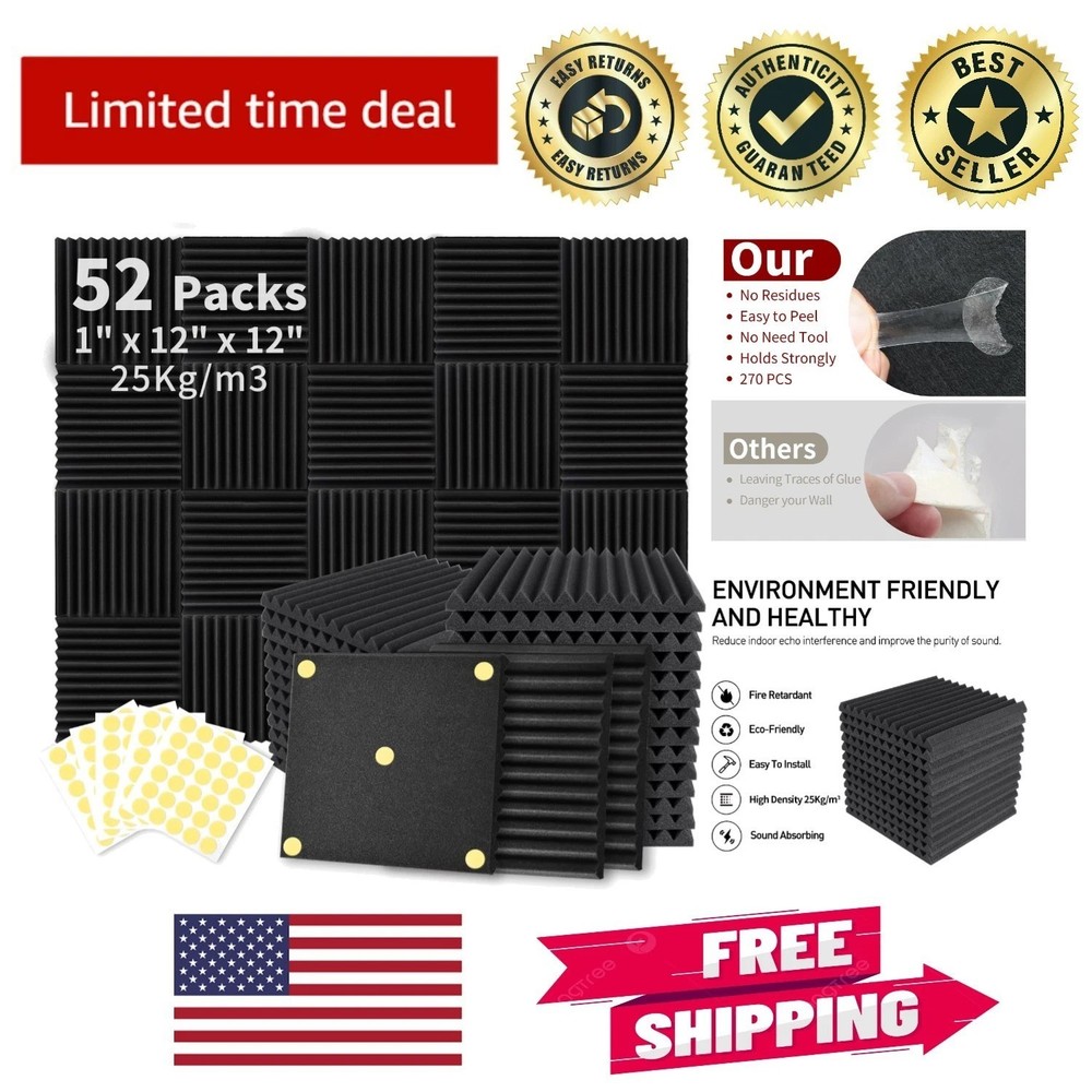 Black Acoustic Foam Panels 52 Pack 1″ x 12″ – Noise Cancelling for Home & Studio