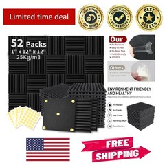 Black Acoustic Foam Panels 52 Pack 1″ x 12″ – Noise Cancelling for Home & Studio