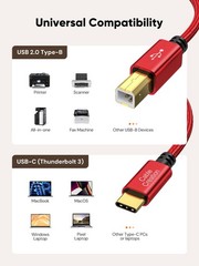 USB B to USB C 6.6FT Printer Cable, MIDI Cable to USB C, Nylon Type C to Type…